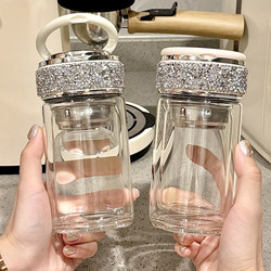Diamond-Encrusted Cup, High-End Luxury Water Cup, 2025 New Model, High-Looking, Double-Layer Glass Cup for Women, Portable, Compact and Mini
