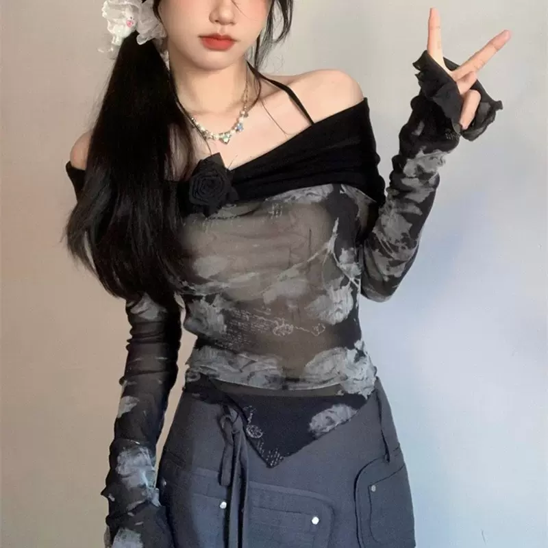 NO ROMANCE 原创设计复古正反两穿一字肩喇叭袖针织上衣长袖T恤女 NO ROMANCE 原创设计复古正反两穿一字肩喇叭袖针织上衣