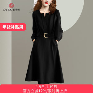 Dirou Dirou Black Dress 2025 Autumn Pullover High Waist Casual Belt Simple Large Size Slim Commuter