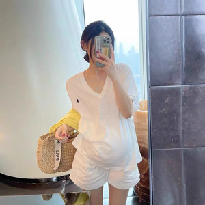 
2024 summer book style breathable small pregnant women T-shirt casual lazy loose embroidered V-neck top short-sleeved suit