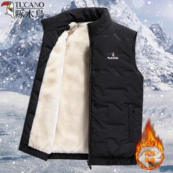 Woodpecker down Cotton Vest for Men, Autumn and Winter, Fleece-Lined, Thickened, Warm, Large Size, Outerwear Vest, Jacket