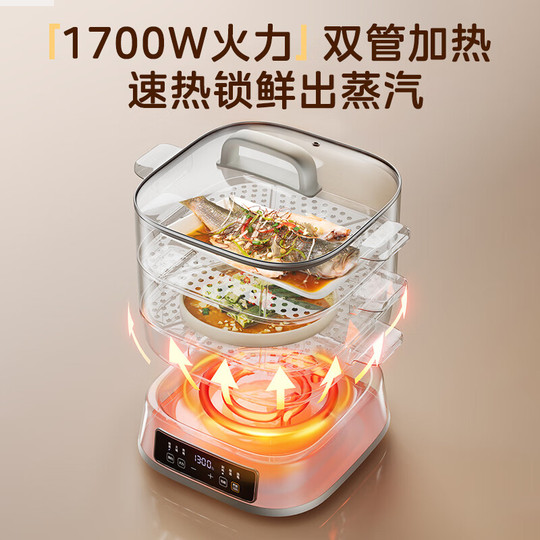 グリーン 丸型 保温調理鍋 蒸し器付き*6 電気マルチポット 1.0L 1台5役 火力2段階 300W／600W コンパクト
