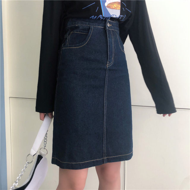 Large -size denim skirt Female autumn new fat sister retro high waist thin waist thin A -line skirt in the skirt