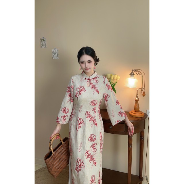 
Primrose Red New Chinese Style Natural Cotton and Line Engagement Red Embroidered Large Size Fat mm Cheongsam Dress