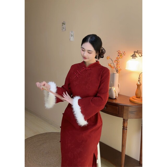 Jubilee plus velvet version original design new Chinese style red winter cheongsam dress plus size fat mm