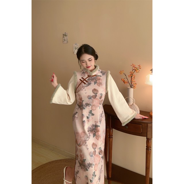 Songshan New Chinese Style Velvet Thickened Fake Two Piece Cheongsam Large Size Fat mm Dress Girls Daily