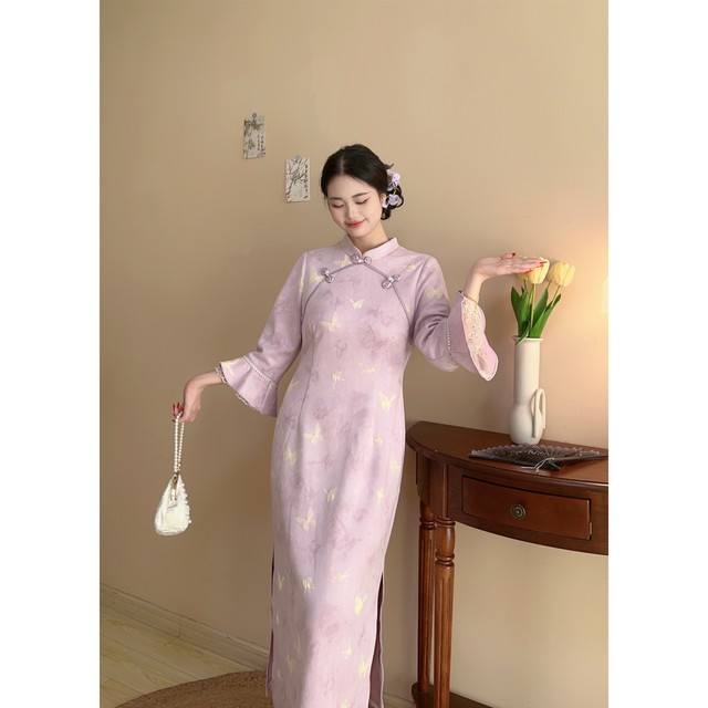 Xiaodie's new Chinese-style lilac noble and elegant large size fat mm cheongsam temperament dress is beautiful