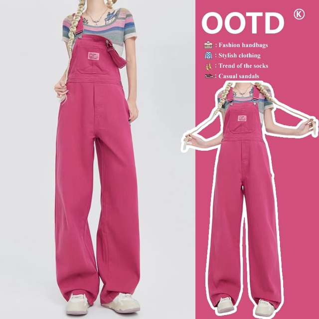 Sweet and cool raspberry pink denim overalls for women in spring and summer new dopamine wear straight wide-leg floor jumpsuit