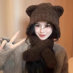 Autumn and Winter Brown Bear Ear Plush Hat, Cute Cross Scarf Integrated Knitted Hat, Windproof Neck Protection Scarf Hat