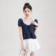 Nizvi navy polka dot polka short-sleeved shirt for women in summer new fake two-piece halter lace splicing top