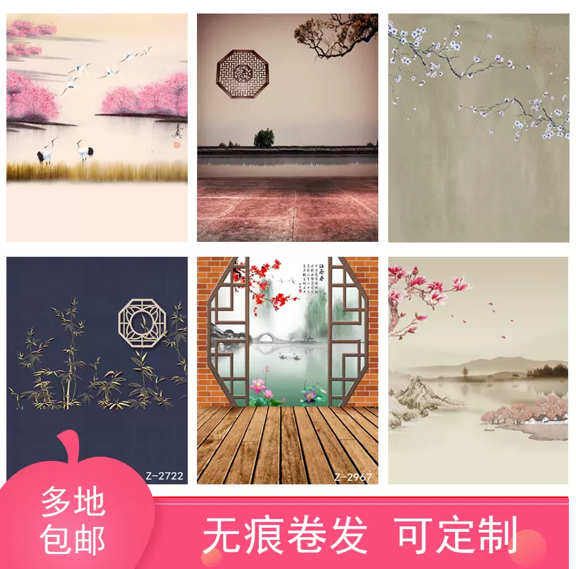 新款中国风工笔画山水复古背景布快手抖音网红影楼摄影