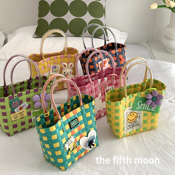Thefifthmoon Cute Colorful Fresh Plaid Plastic Woven Basket Tote Vegetable Basket Bag Casual Straw Bag