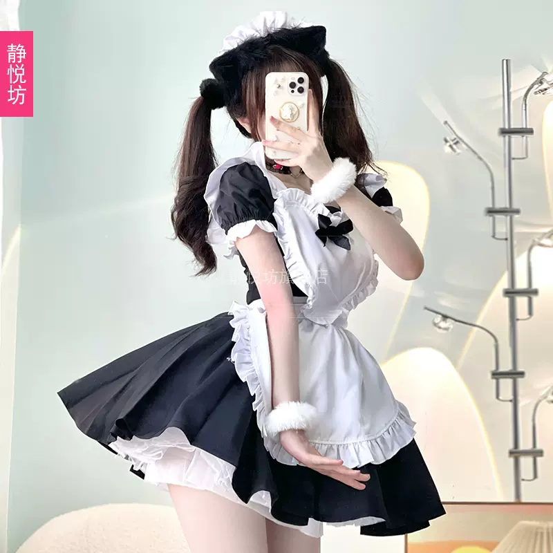 黑白女僕裝日本軟妹性感蘿莉短款蓬蓬裙lolita二次元cosplay女傭-Taobao