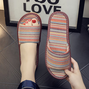 Summer cotton linen home cloth 透 breathable couples and slippers men and women indoor home furnishings four seasons household non -slip mute

