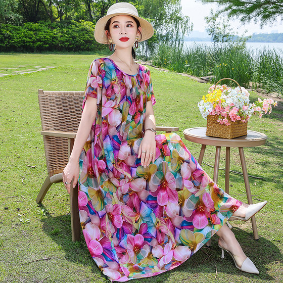 
Summer cotton silk dress new loose slim long large size printed temperament long skirt short-sleeved mother skirt