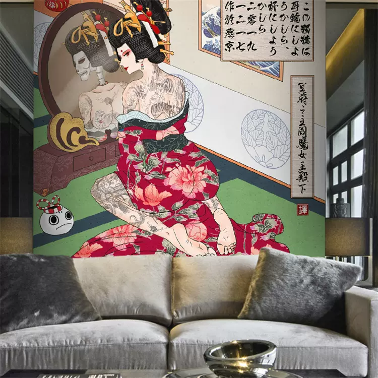 纹身店背景墙壁纸艺妓美女纹身墙纸日式刺青美容院装饰