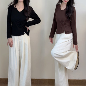 
2025 Autumn and Winter New Bottoming Hollow Slim T-shirt Top Leather Pants Corduroy Long Windbreaker Suit for Women