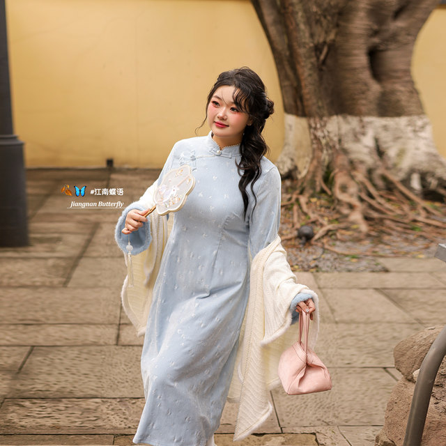 DM100 large size 100% fat mm pear-shaped apple-shaped lace shawl butterfly cheongsam new Chinese style dress