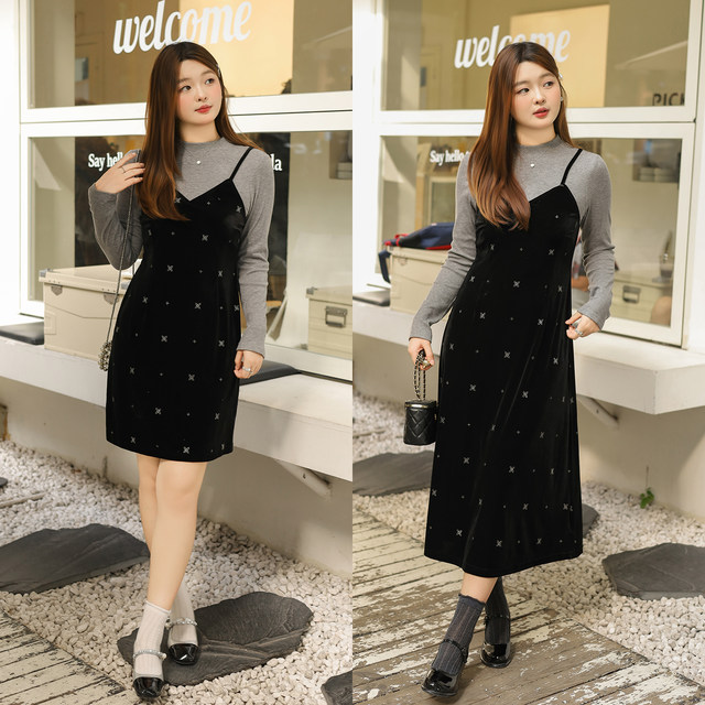 DM100 plus size 100% women's clothing for slightly chubby mm winter fake two-piece waist long and short velvet dress