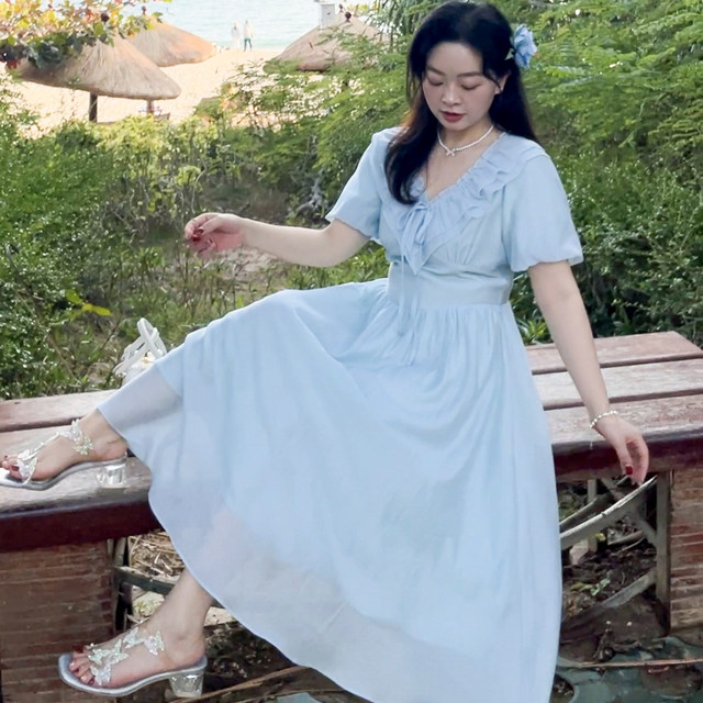 DM100 Large Size 100% 2025 Summer New Women's Decoration High Waist Elegant V-neck Ruffle Short Sleeve Dress