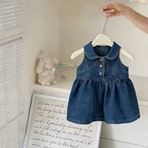 
Children's Thin Vest Denim Skirt 2026 Korean Style Fashionable Girls Summer Dress Fashionable Solid Color Princess Skirt Dress Trendy