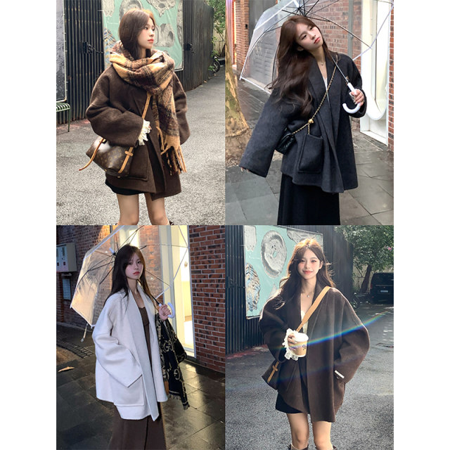 Adan Green Fruit Collar Double-Side Woolen Coat 2024 Winter Loose Temperament Versatile Short Woolen Woolen Coat Women
