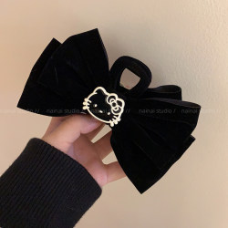 Black Kt Claw Clip~ Velvet Bow Retro French Cartoon Cat Hair Clip for Back of Head, Shark Clip Hair Accessory for Women