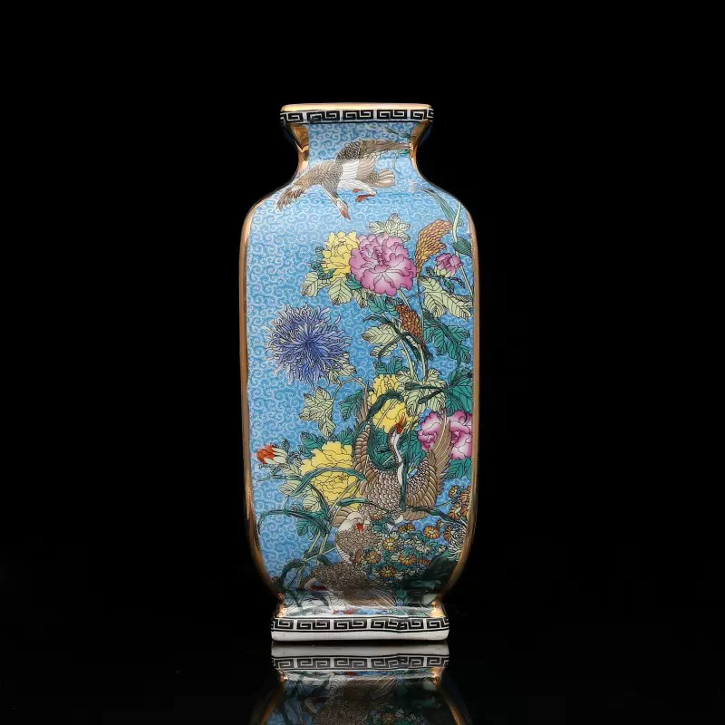 仿大清乾隆年制 藍地琺瑯彩描金 四方花鳥花瓶 仿古玩瓷器收藏-Taobao