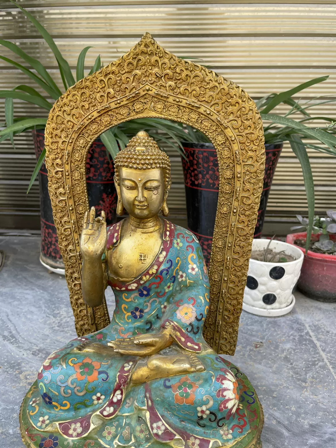 旧藏 古銅細工製 景泰藍 絲 釋迦牟尼佛 古仏像 置物 擺件 重4060g 舊藏老北京銅胎手工景泰藍觀音菩薩佛像觀世音菩薩佛像