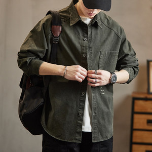 
American heavyweight retro cotton denim shirt men's spring new trendy brand work pocket long-sleeved shirt jacket