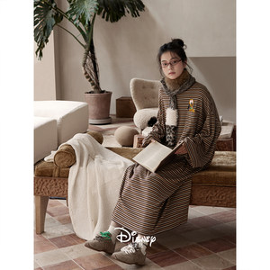 
Disney new nightgown for women's spring and autumn soft cotton long-sleeved pajamas retro striped large size midi dress