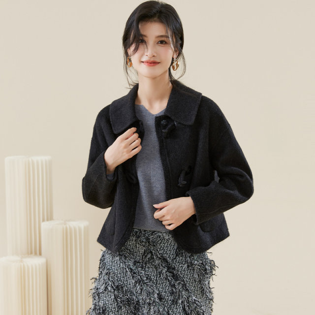 Jinju 2025 Spring and Autumn New High-end Double-Side Wool Coat Temperament Loose Lapel Kowloon Horn Button Short Jacket