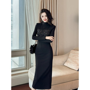 秋冬黑色高领连衣裙亮片拼接内搭打底裙女法式高腰气质过膝中长裙