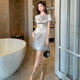 One-shoulder dress for women with high-end fashion brand summer round neck waist-hugging new short-sleeved high-end temperament gray and fashionable