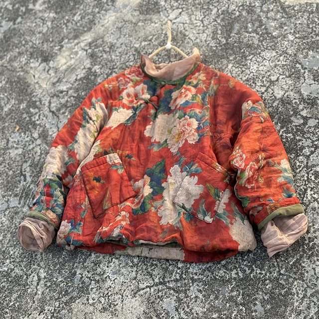 4386 Soft and waxy ramie printed loose cotton coat Traditional hand-sewn buttoned slant-breasted cotton coat