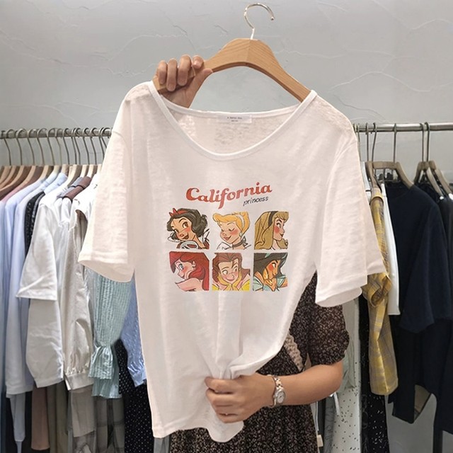 Bamboo joint cotton short-sleeved V-neck T-shirt for women 2025 summer new Korean loose cotton cartoon printed white top