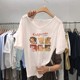 Bamboo joint cotton short-sleeved V-neck T-shirt for women 2025 summer new Korean loose cotton cartoon printed white top