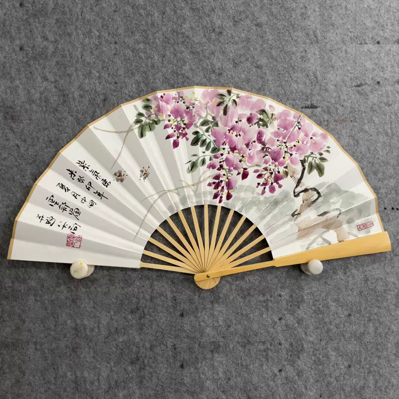淄博八大局折扇国画手绘花鸟画字画定制兰花竹子紫藤葫芦画芯
