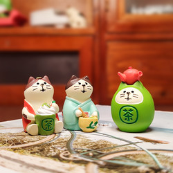 Japanese-Style Cat Drinking Tea, Spring Matcha, Fuku Tea Garden Leisure Baking Decoration, Resin Crafts, Mini Decorative Ornaments