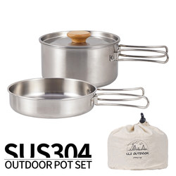 Outdoor Hiking 304 Stainless Steel Folding Pot Set Camping Portable Frying Pan Soup Pot Household Picnic Cookware 2-Piece Set