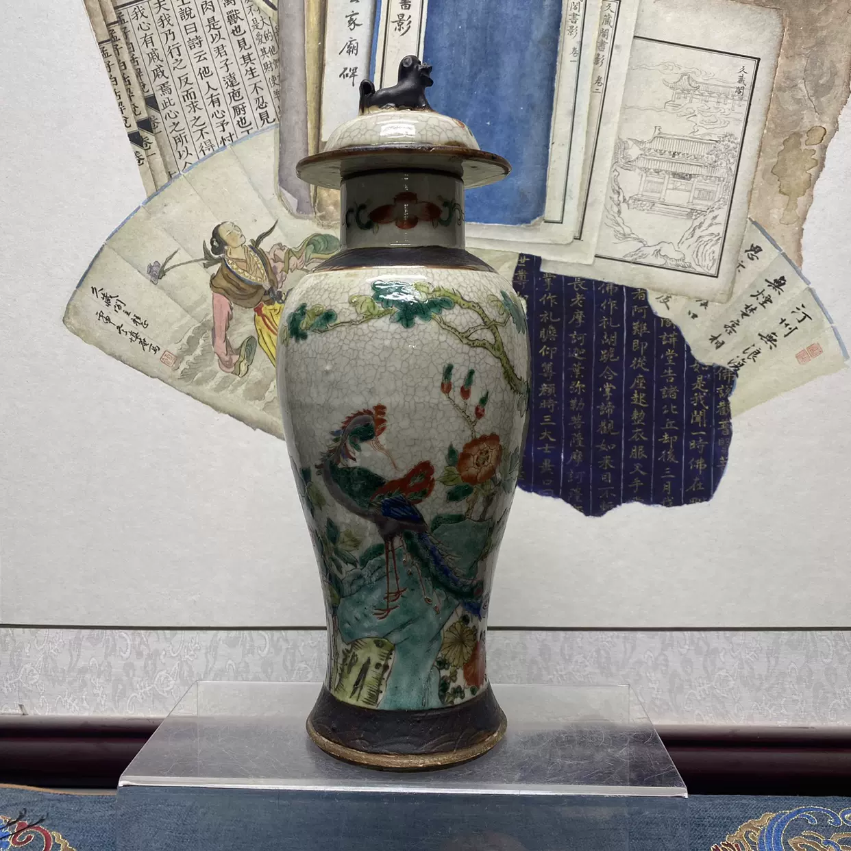 清晚期哥釉五彩凤朝牡丹将军罐包老包真古董收藏明清瓷器