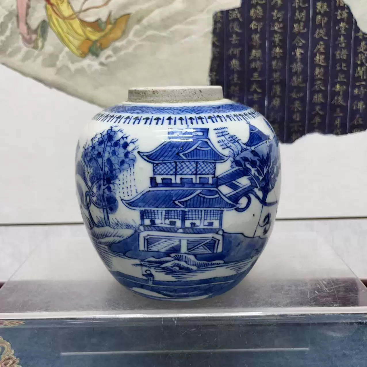 清晚期滕王阁山水青花罐30，古玩古董，明清瓷器