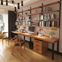 Solid Wood Loft Desk with Integrated Bookshelf and Bookcase, Full-Wall Perforated Panel, Long Narrow Study Room Double Computer Desk
