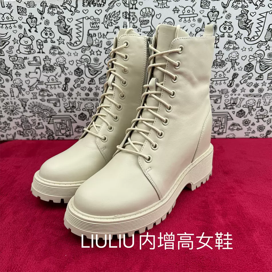 2024新款米色牛皮绑带短靴11cm厚底内增高马丁靴女潮靴YF566KEH-Taobao 