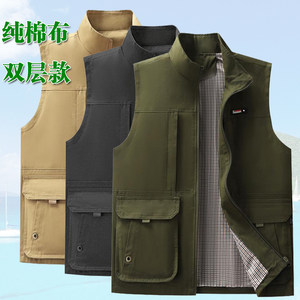 
Outdoor pure cotton middle-aged and elderly vest men's stand-up collar multi-pocket double-layer vest vest cold-proof sports horse clip jacket
