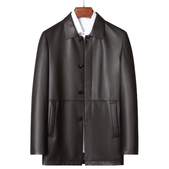 New Zealand head deer leather leather leather coat men's business leisure mid -long lapel single leather jacket middle -aged dad style
