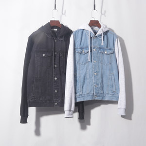 
Men's clothing denim hooded knitted sleeve spliced ​​top jacket autumn and winter American retro cardigan top jacket