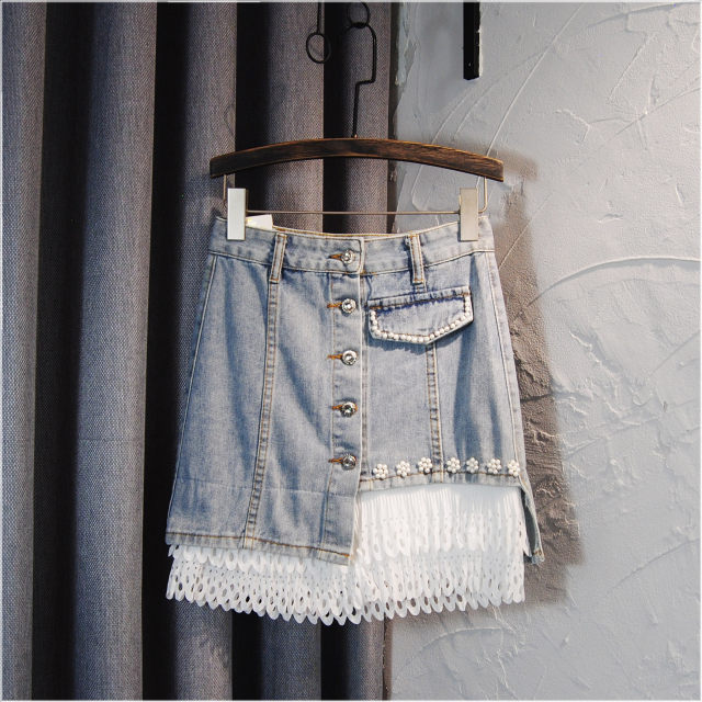 High -waisted denim skirt Female summer and autumn money sweet lace stitching pearl button pocket pocket A -line hip hip skirt