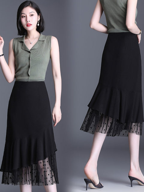 Temperament hip-covered skirt slim chiffon fishtail skirt for women summer skirt mid-length mesh spliced ​​lace one-step skirt