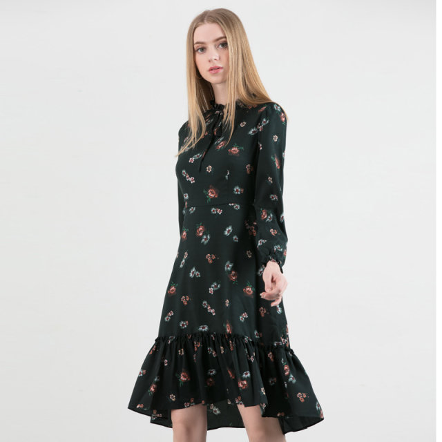 Monsoon lady straps, small turtleneck, ruffled skirt, hem, waist-hugging, slim print dress for women 8893LA102